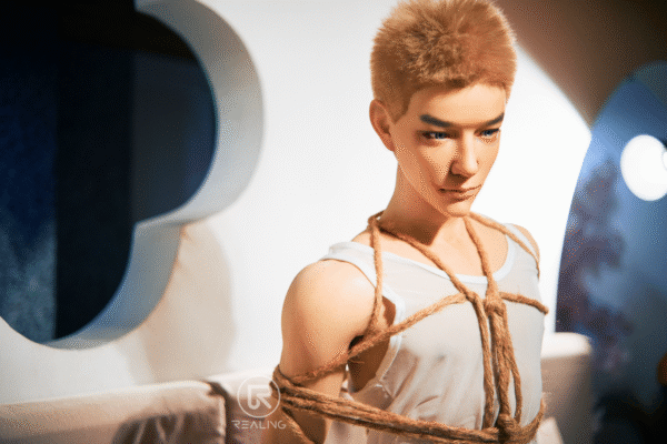 Handcrafted realistic gay silicone sex doll Ryan from Mendolls, in a sensual Pride rooftop shoot.