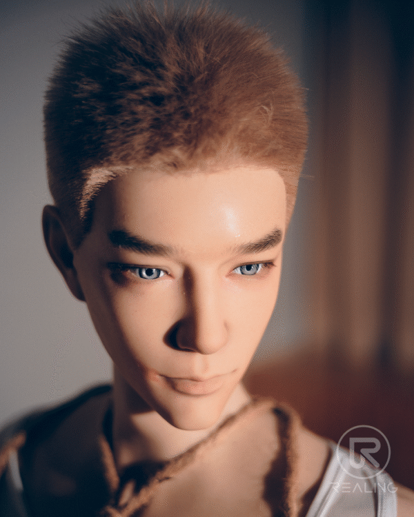 Mendolls realistic gay silicone sex doll Ryan, athletic build, in a fervent urban gay romance scene.