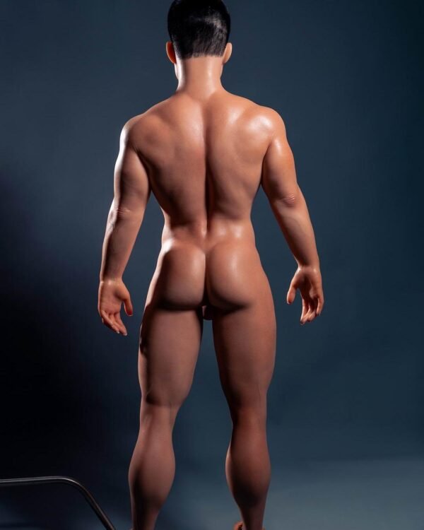 Mendolls hot gay love silicone sex doll Phoenix, silky curls, in a fervent urban gay romance scene.
