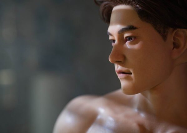 Mendolls silicone boyfriend doll gay with hyper-realistic texture, in a vibrant urban gay love display.