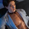 Mendolls silicone boyfriend doll gay, hyper-realistic and elegant, in a neon gay love lifestyle scene.
