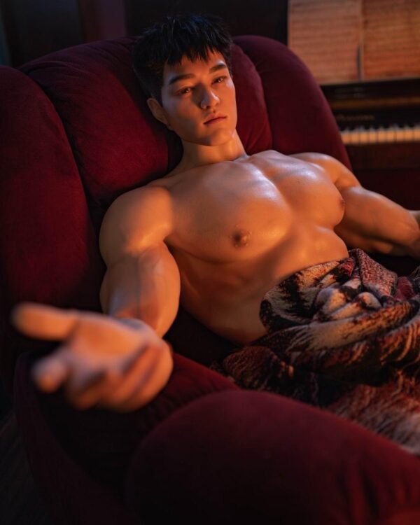 Mendolls Gay Silicone Doll for Intimacy, hyper-realistic and tender, in a neon gay closeness lifestyle scene