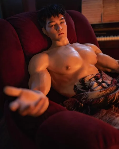 Mendolls Gay Silicone Doll for Intimacy, hyper-realistic and tender, in a neon gay closeness lifestyle scene