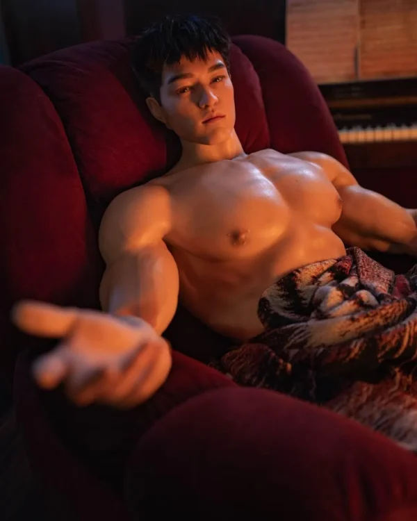 Mendolls Gay Silicone Doll for Intimacy, hyper-realistic and tender, in a neon gay closeness lifestyle scene