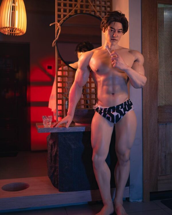 Premium silicone boyfriend doll gay by Mendolls, showcased in a romantic twilight LGBT partner moment.