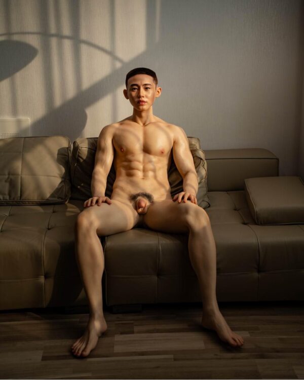 Radiant realistic gay doll silicone from Mendolls, posed flexibly in a neon-lit urban scene for LGBT romance.