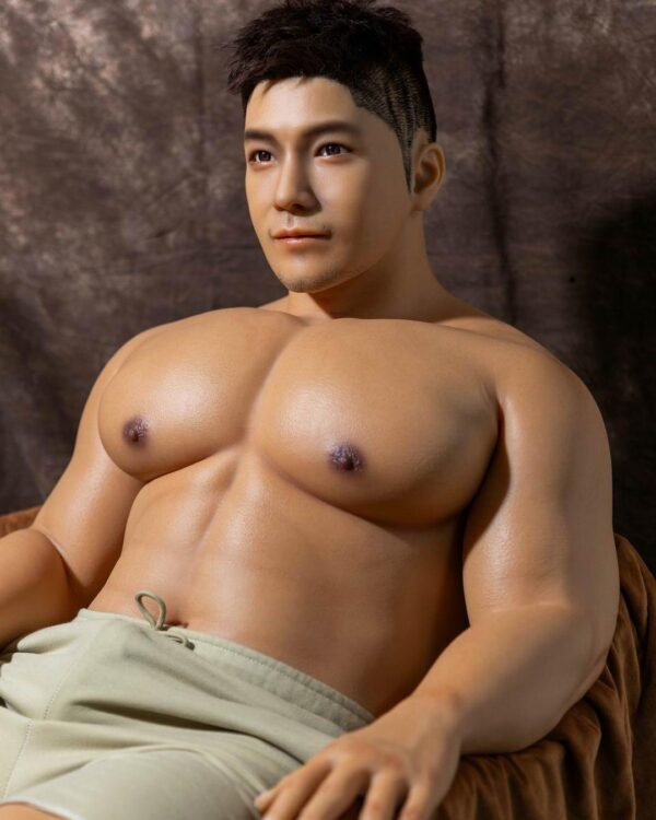 Mendolls gay fantasy silicone doll, silky and flexible, showcased in a mystical urban gay romance scene.