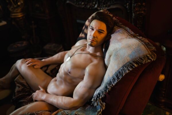 Mendolls realistic latin silicone male doll, crafted for sultry gay romance, glowing in a celestial Pride display.