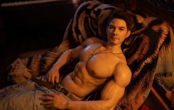 Mendolls realistic latin silicone male doll with silky texture, crafted for gay devotion in a vibrant Latin display.