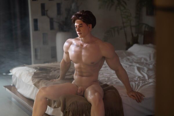 Mendolls silicone boyfriend doll gay, lifelike and smooth, posed in a serene LGBT moonlit embrace.