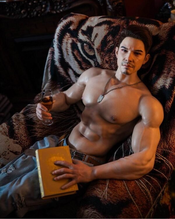 Mendolls realistic latin silicone male doll, lifelike and smooth, posed in a serene LGBT tropical embrace.