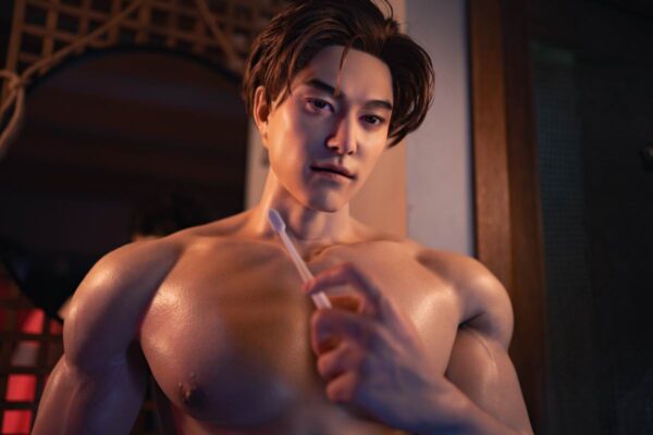 Enchanting silicone boyfriend doll gay by Mendolls, glowing in a neon Pride unboxing for gay passion.