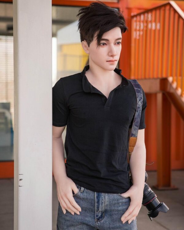 Mendolls gay partner replica doll, hyper-realistic and devoted, in a neon gay romance lifestyle scene.