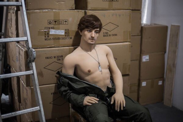 Elegant silicone male doll posing confidently