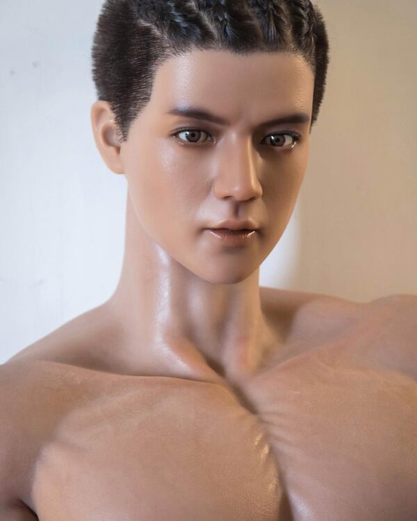Mendolls muscle male sex doll with chiseled silicone muscles, posed in a striking Pride gym scene