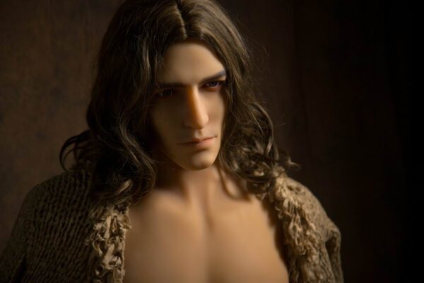 Captivating realistic gay silicone sex doll companion by Mendolls, lifelike in a starry gay passion scene.