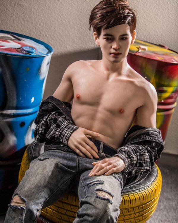 Captivating male companion doll for gay by Mendolls, showcasing lifelike devotion in a starry gay love scene.