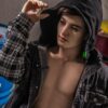 Radiant male companion doll for gay from Mendolls, posed flexibly in a neon-lit gay devotion showcase