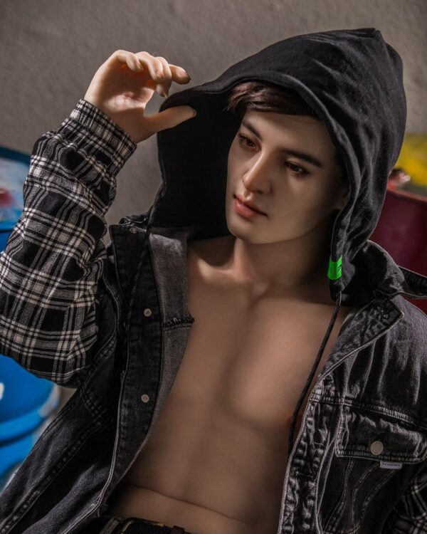 Radiant male companion doll for gay from Mendolls, posed flexibly in a neon-lit gay devotion showcase