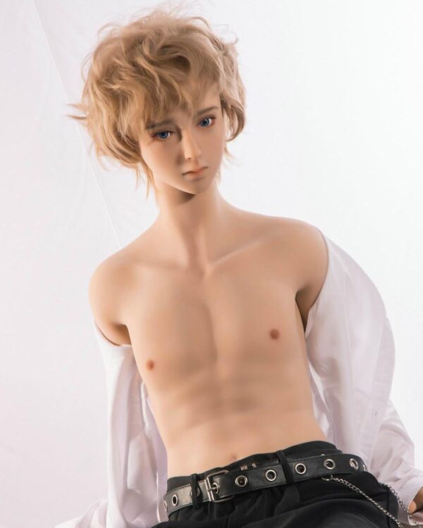 Mendolls captivating gay silicone male doll, hyper-realistic, in an intimate LGBT unboxing moment.