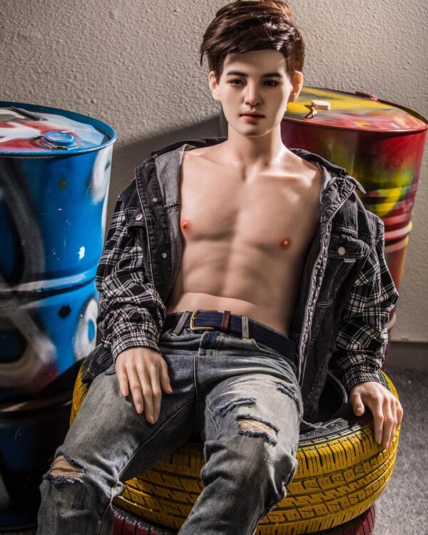 Handcrafted male companion doll for gay from Mendolls, radiant in a bold LGBT intimate lifestyle photo shoot.