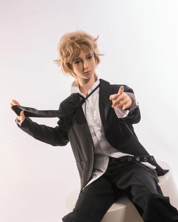 Mendolls captivating gay silicone male doll, crafted for passionate gay love, in a celestial Pride display.