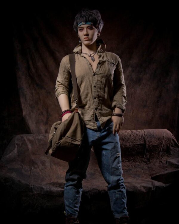 Lifelike realistic silicone boyfriend doll for gay men from Mendolls, in a vibrant Pride festival scene.