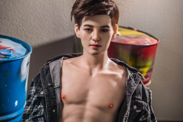 Mendolls male companion doll for gay with flexible elegance, radiant in a vibrant LGBT closeness photo shoot.