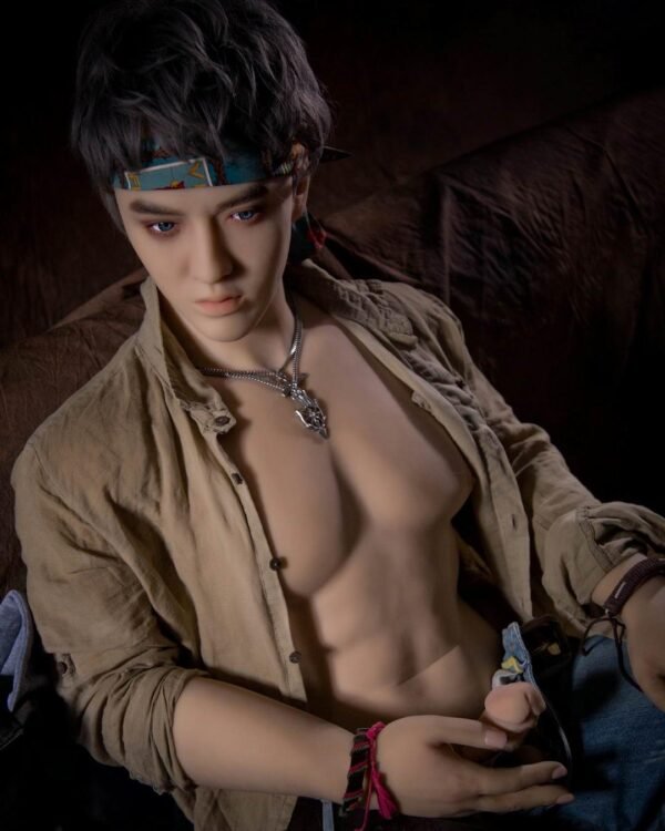 Premium realistic silicone boyfriend doll for gay men by Mendolls, in a serene dawn LGBT partner moment.