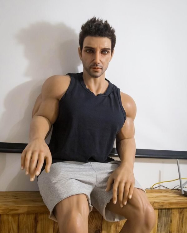 Premium muscle gay silicone doll by Mendolls, showcased in a romantic twilight LGBT sexy companion moment.