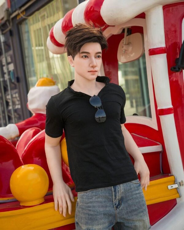 Handcrafted gay partner replica doll from Mendolls, radiant in a bold LGBT romantic lifestyle photo shoot.