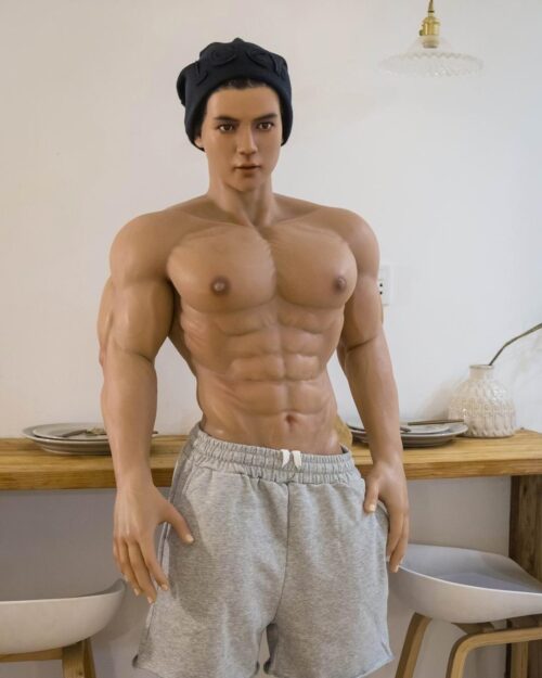 Mendolls muscle male sex doll, hyper-realistic and bold, in a neon gay fitness lifestyle scene.