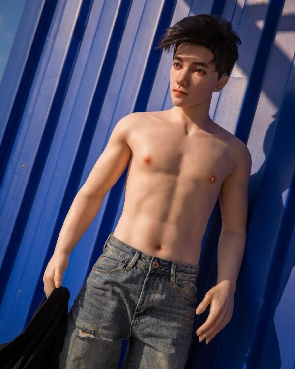 Mendolls gay partner replica doll, silky and flexible, showcased in a devoted urban gay love scene.