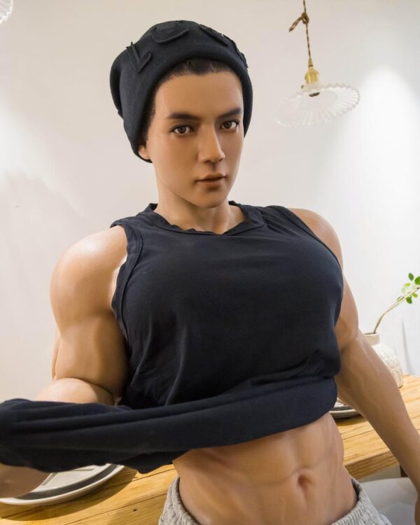 Premium muscle male sex doll by Mendolls, showcased in a romantic twilight LGBT sexy companion moment.