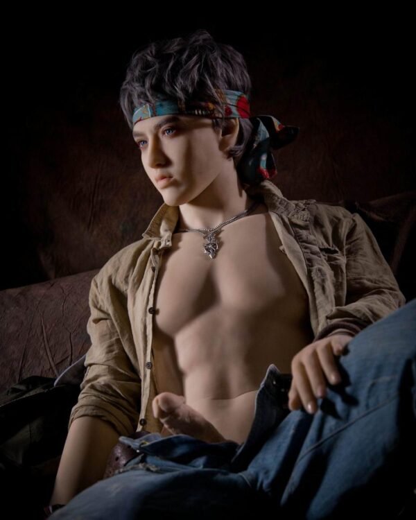 Captivating realistic silicone boyfriend doll for gay men by Mendolls, in a neon Pride unveiling scene.