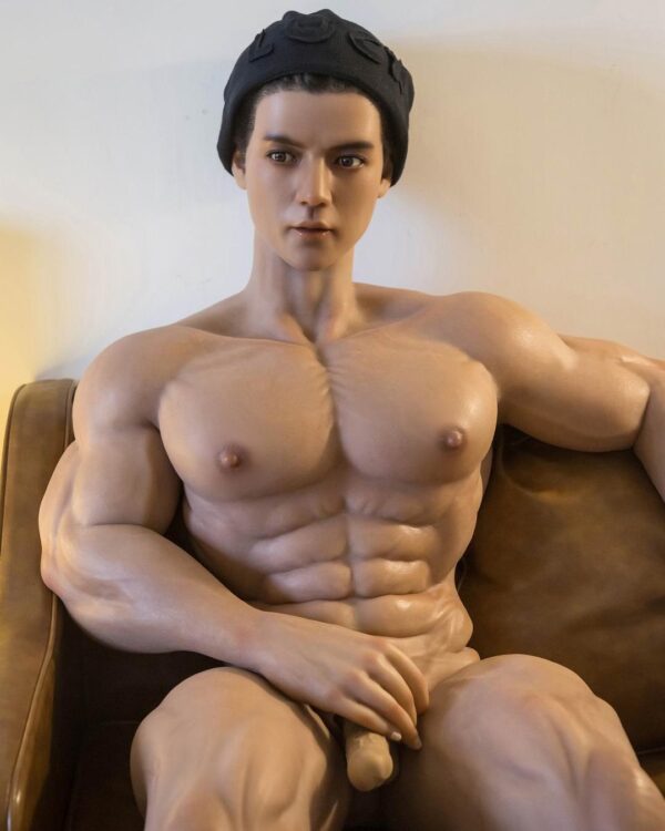Mendolls muscle male sex doll with flexible poses, glowing in a bold gay Pride celebration shot