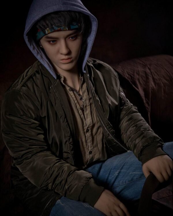 Radiant realistic silicone boyfriend doll for gay men from Mendolls, flexible in a neon gay love showcase