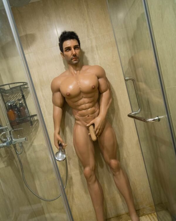 Mendolls muscle gay silicone doll with flexible poses, glowing in a bold gay Pride festival shot