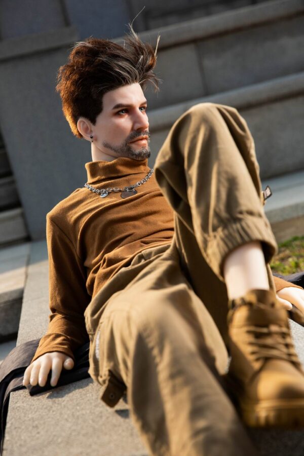 Alluring realistic silicone gay sex doll companion by Mendolls, in a neon Pride unveiling scene.