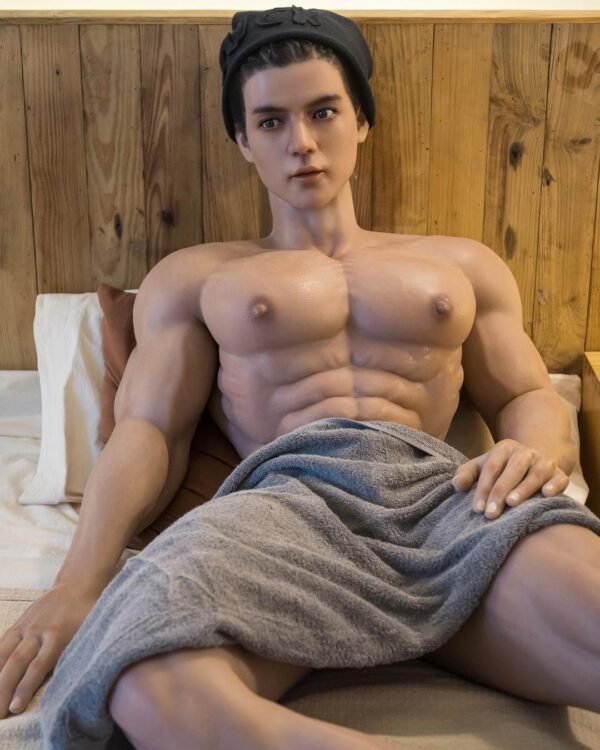 Mendolls muscle male sex doll, silky smooth and lifelike, posed in a romantic urban Pride moment.