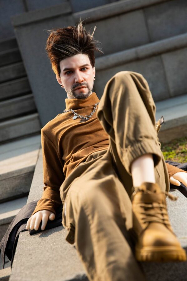 Mendolls realistic silicone gay sex doll companion, silky smooth, in a romantic Pride rooftop moment.