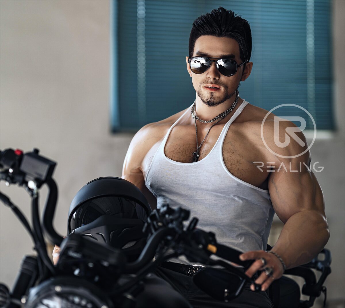 gay man resting head on life-size male doll on couch