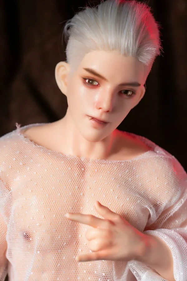 Compact gay silicone doll Milo with sculpted abs and white tank top