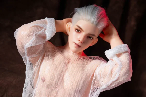 Full-body silicone male mini doll in athletic pose, collectible display
