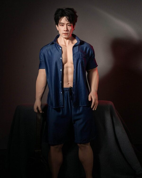 Collectible muscular gay sex doll Joy with bold masculine face and confident gaze